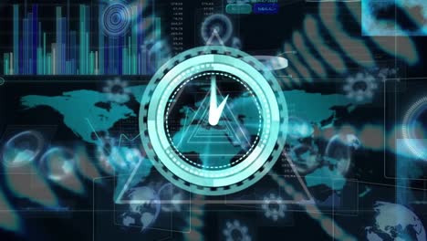 Animation of neon ticking clock against triangular shapes on seamless pattern and data processing