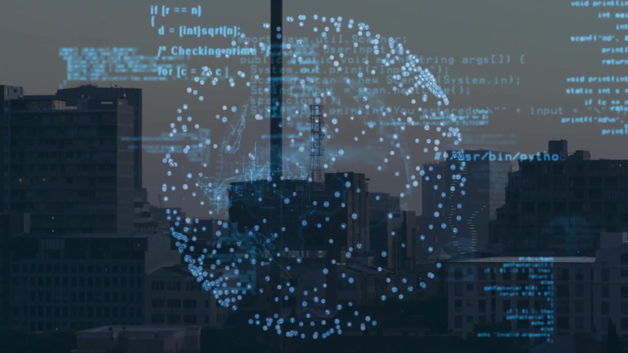 Blue code appearing over city starting 3D sphere rotating pulsing fading showing data streams