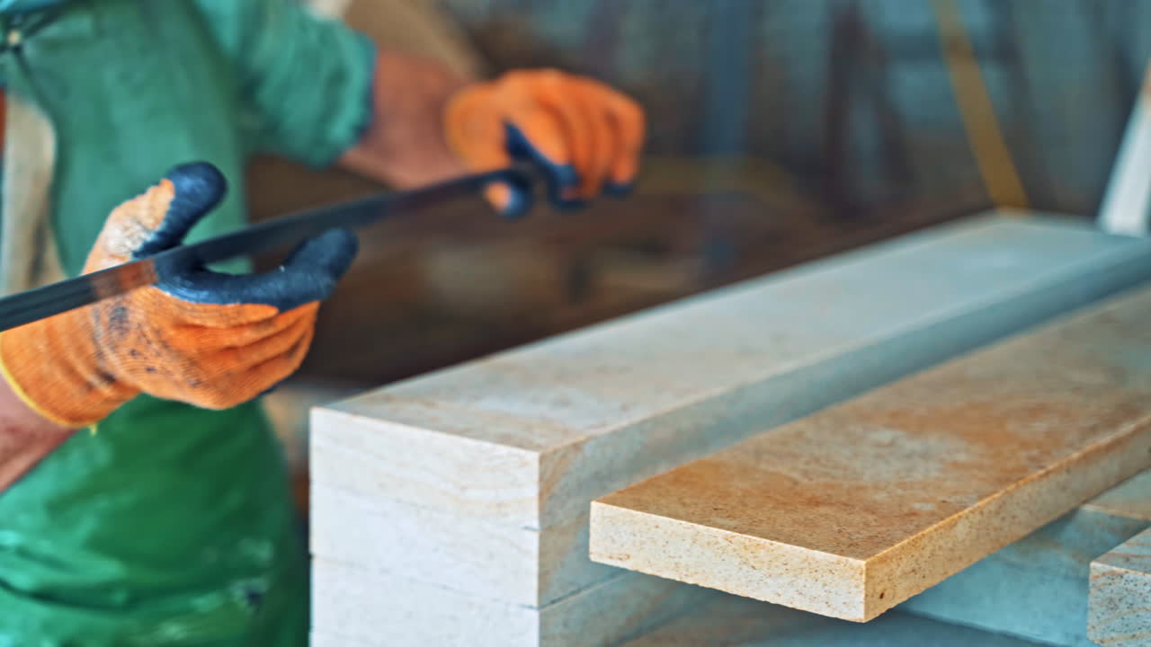 Granite blocks at a factory. Close up view of worker measurement granite at factory