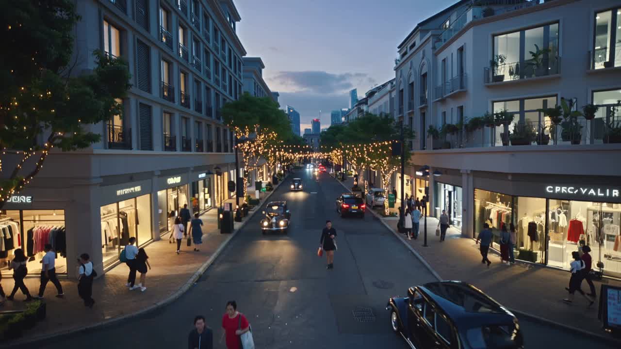 Sunset arriving crossing pedestrian across shopping street, cars passing under string lights