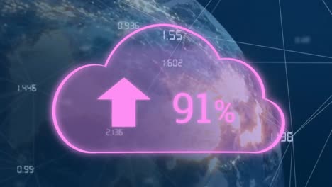 Animation-of-cloud-with-uploading-over-rotating-globe-and-network-of-connections