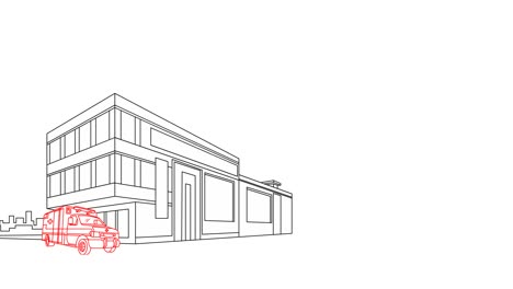 Grafische-Animationslinienkunst-Von-Krankenhaus-Und-Krankenwagen-Mit-Roten-Und-Schwarzen-Farben-Auf-Whiteboard,-Konzeptdesign-Für-Coronavirus-Pandemie-Thema