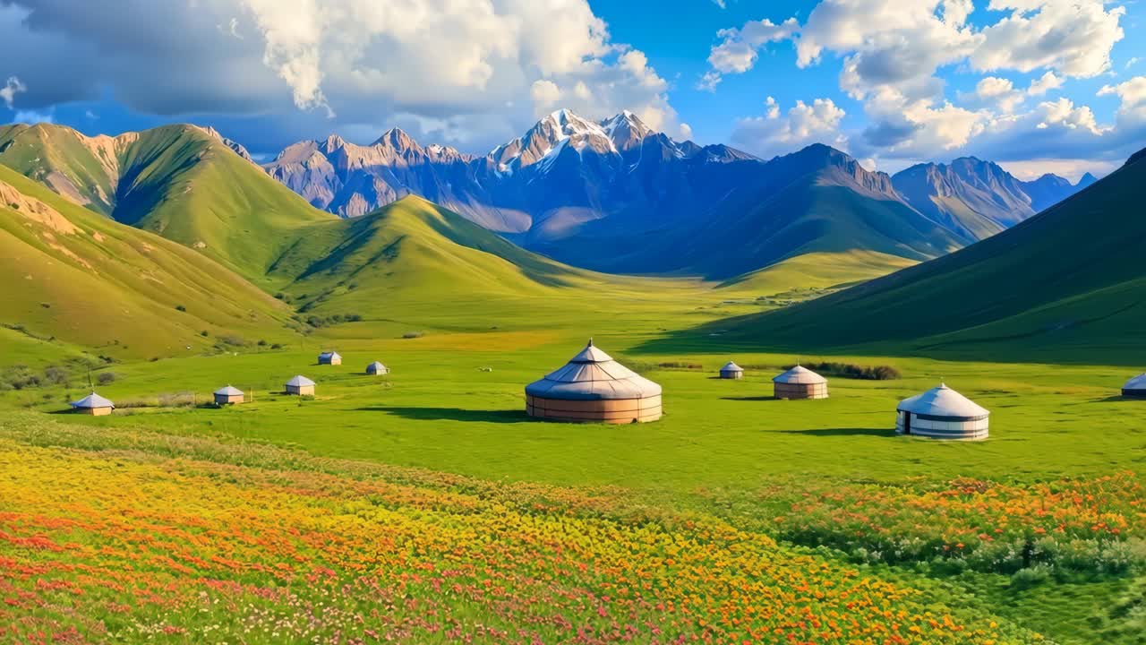 산맥 앞 에 있는 꽃 들 의