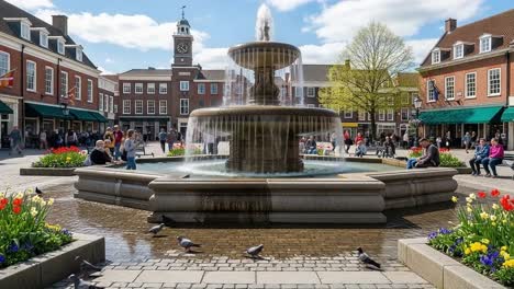 a beautiful day at the fountain: people gather around a stunning water feature in a vibrant town square surrounded by colorful flowers and engaging architecture