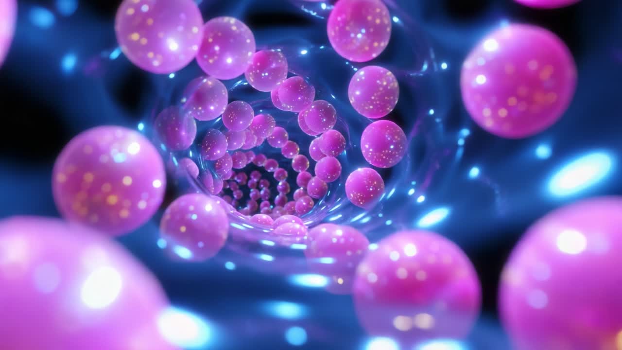 A Stunning Visual Journey Through a Spiraling Tunnel of Glowing Pink Spheres, Set Against a Mystical Blue Background, Capturing the Essence of Depth and Light in an Abstract Universe