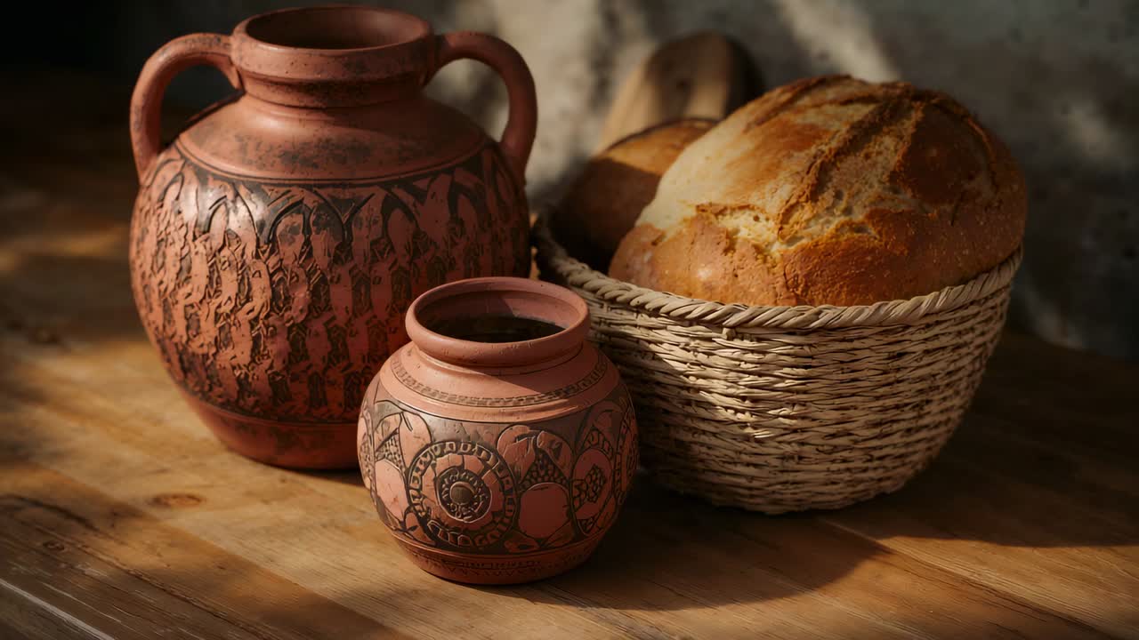 Shifting camera framing bringing wicker basket with bread on wood table, showing clay urn and pot