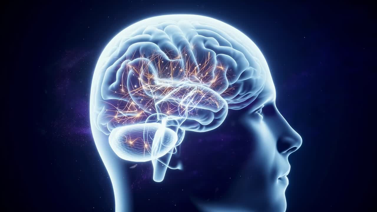 Tampilan samping otak bercahaya dengan koneksi saraf, dalam gaya video futuristik