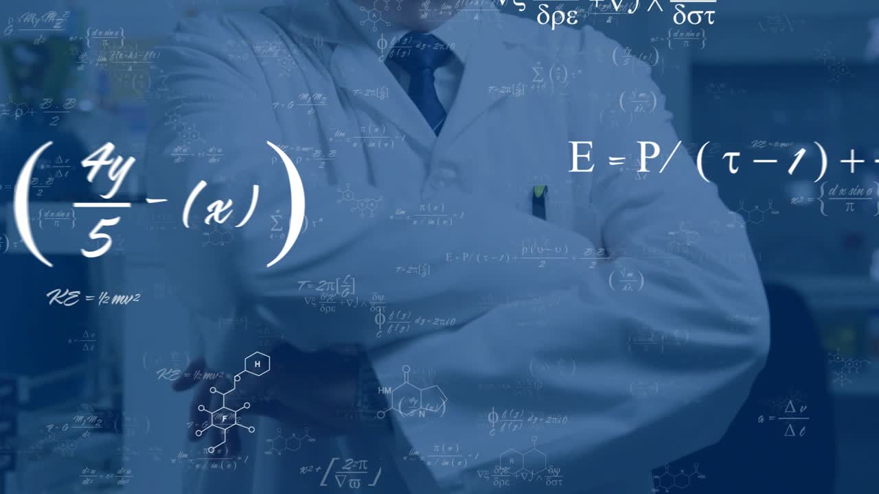 Lead scientist moving hands into shot, fixing cuffs and folding arms, formulas overlaying subject