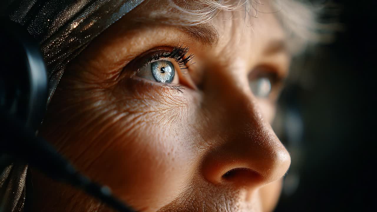 Captivating Close-Up of an Elderly Woman's Expression While Wearing Headphones, Highlighting Her Intense Blue Eyes and Emotional Depth in a Dynamic Moment
