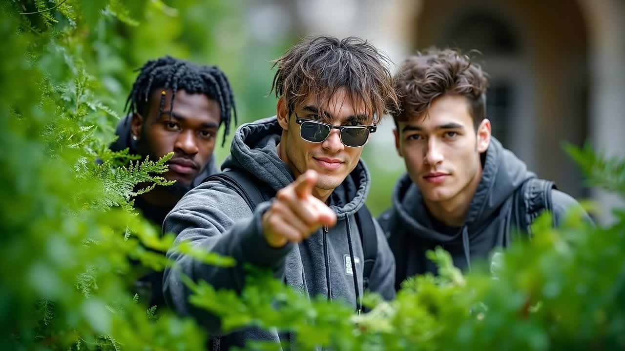 A group of young men standing next to each other in a forest