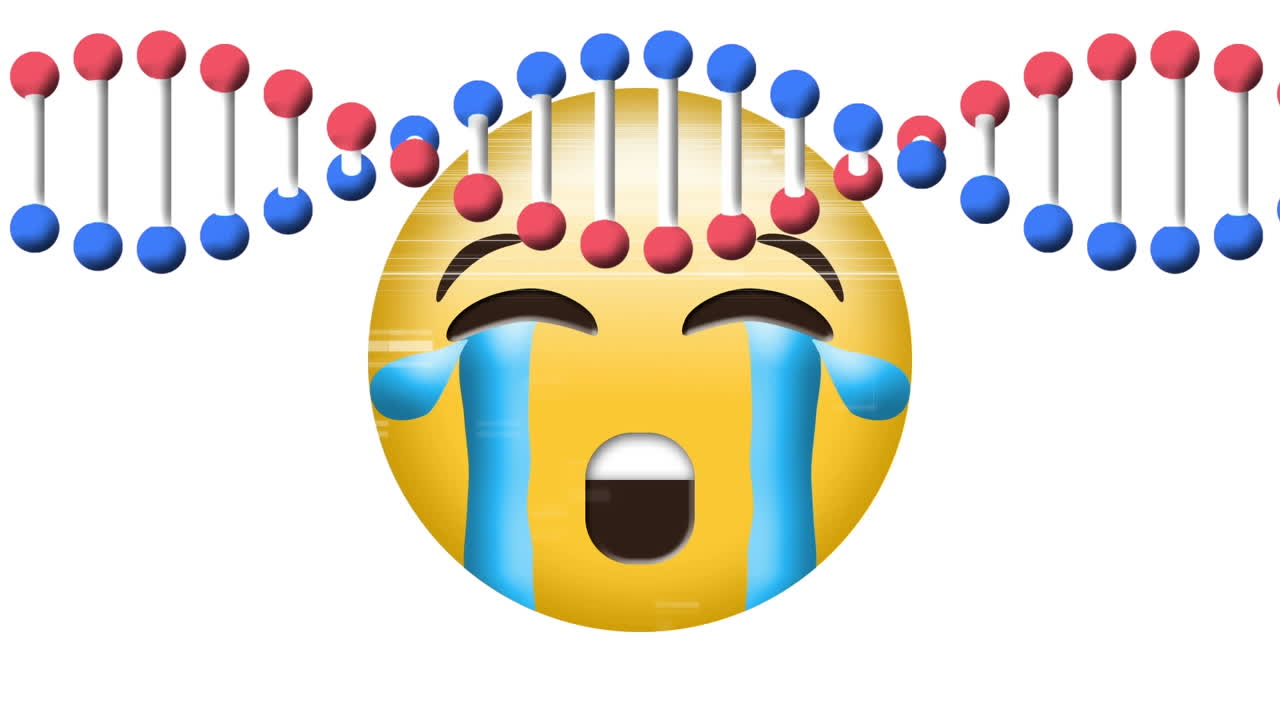 dna 구조의 디지털 애니메이션이  ⁇  배경에 울고 있는 얼굴 이모티콘을 돌고 있습니다.