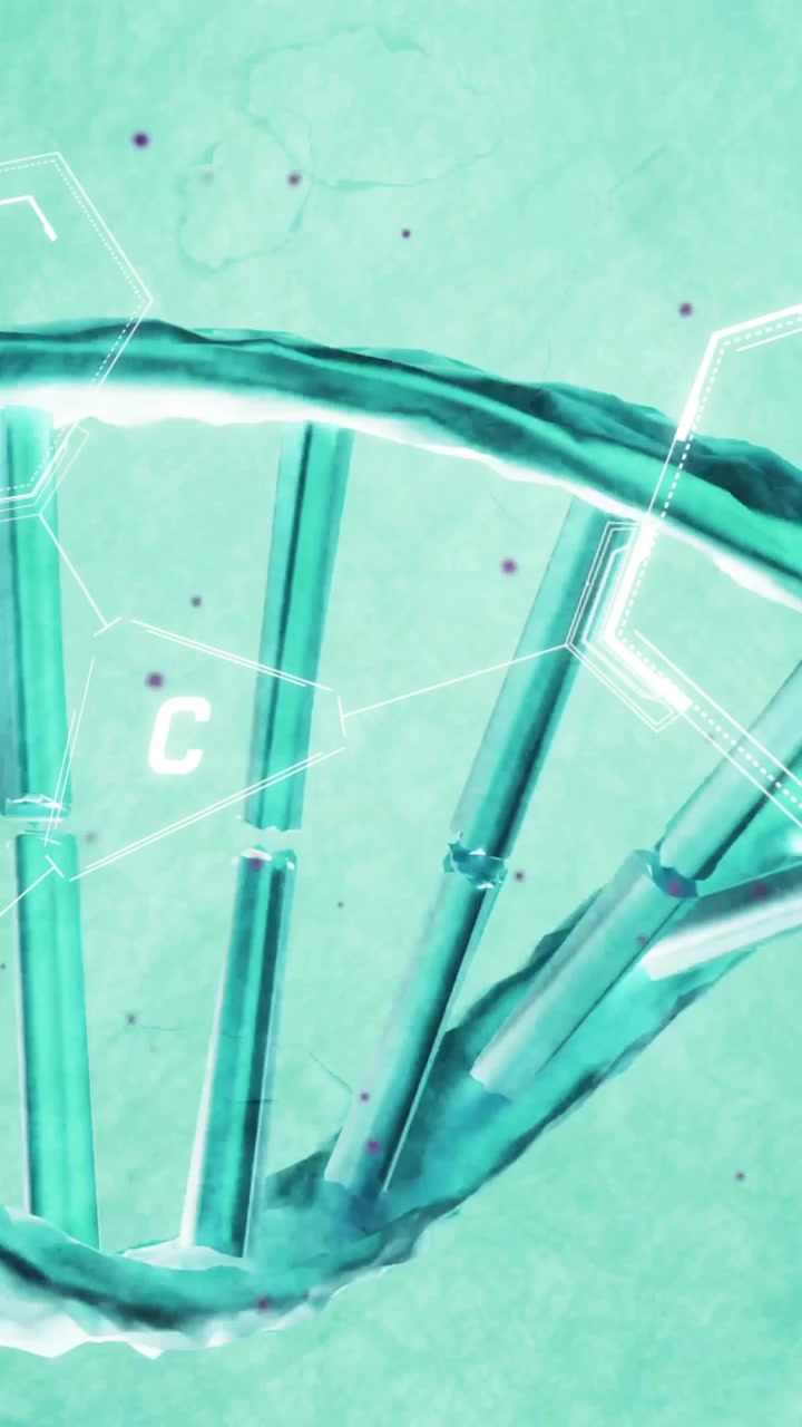 Animazione di elaborazione dati scientifici su filamento di DNA in rotazione