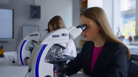 estudiantes mirando a través de microscopios en un laboratorio de ciencias
