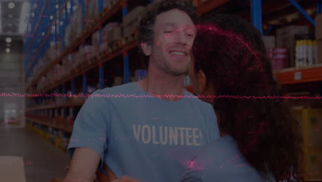 animation of financial data processing over diverse volunteers in warehouse