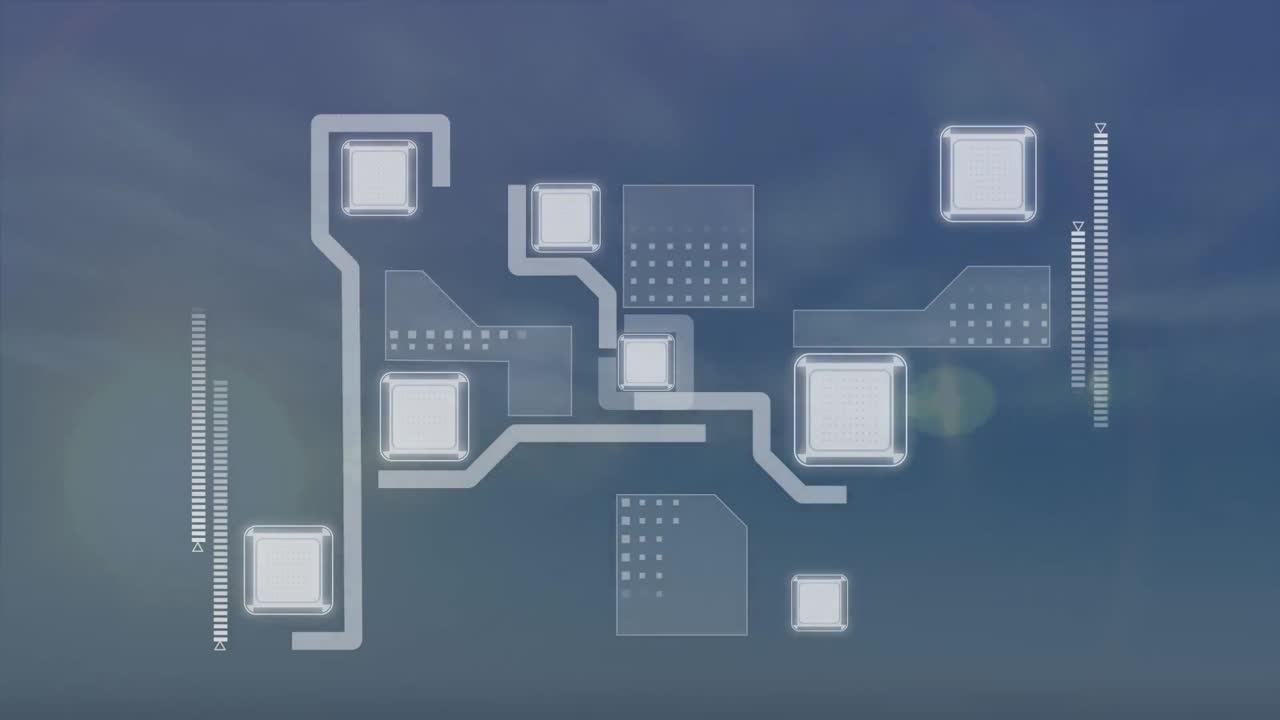 Animation of computer circuit board over moon and sun