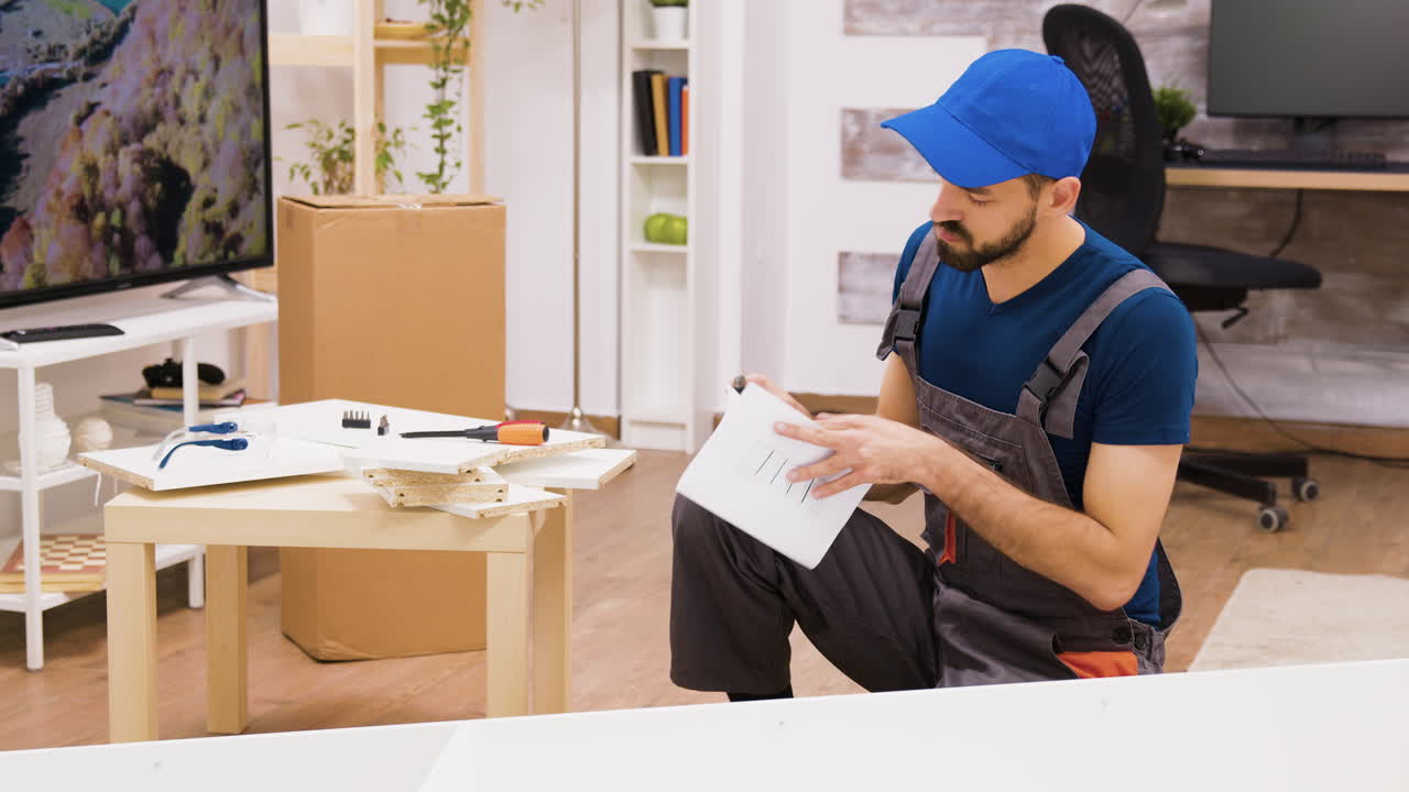 Man assembling furniture in a living room