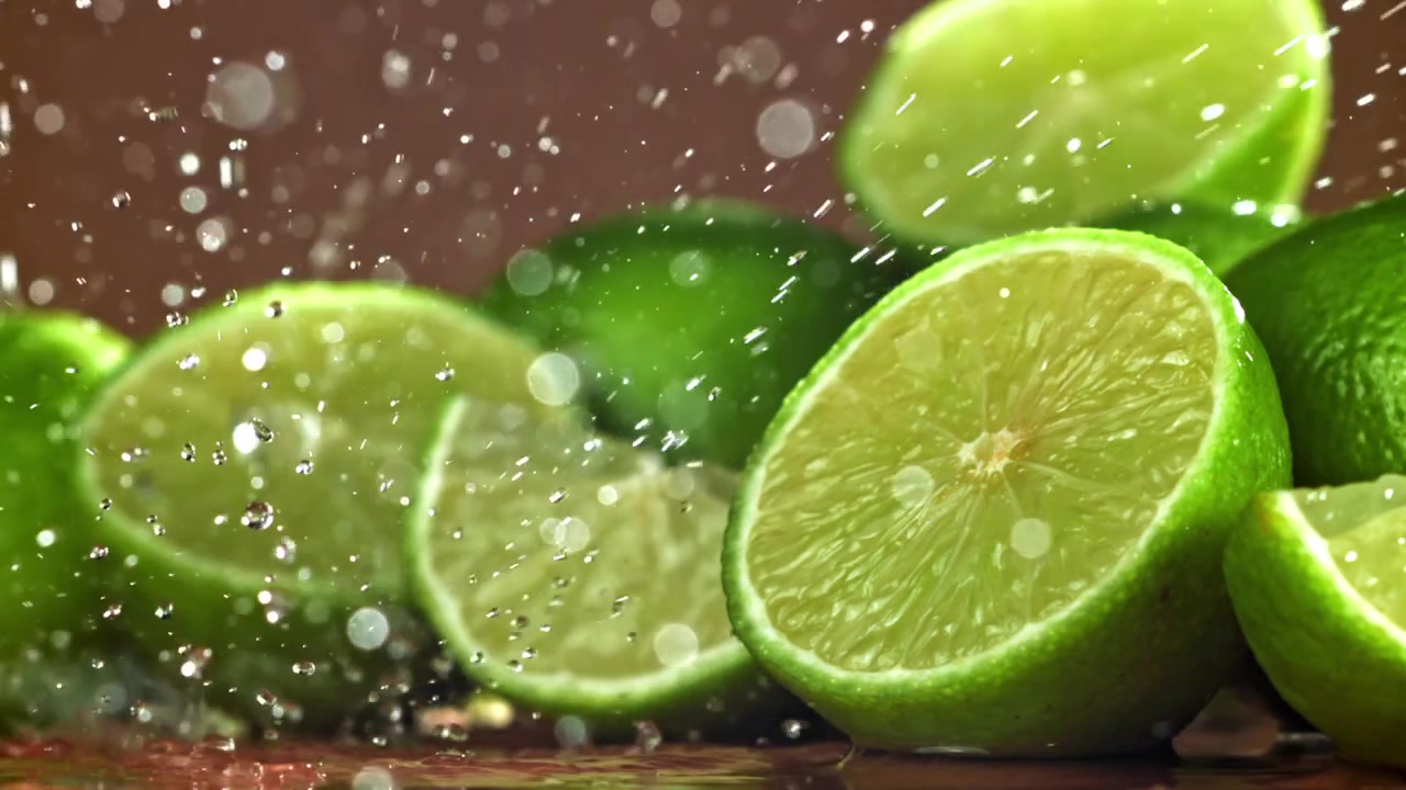 Close-up of Water Drops Splashing on Fresh Limes