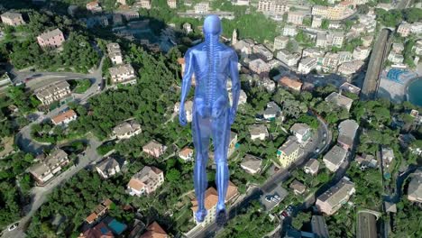 digital composition of human model walking against aerial view of cityscape