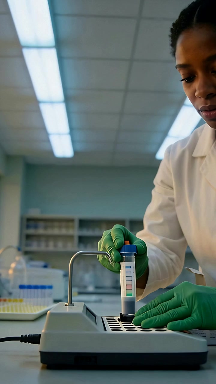 Vertical video: Reaching into box, tech in coat, gloves placing conical tube into unit for assay