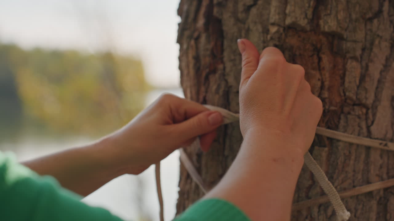 Ensuring stable hammock attachment by lakeside. Proper technique for anchoring hammock with knots and tensioning. Accurate looping and tension control for dependable hammock suspension beside water