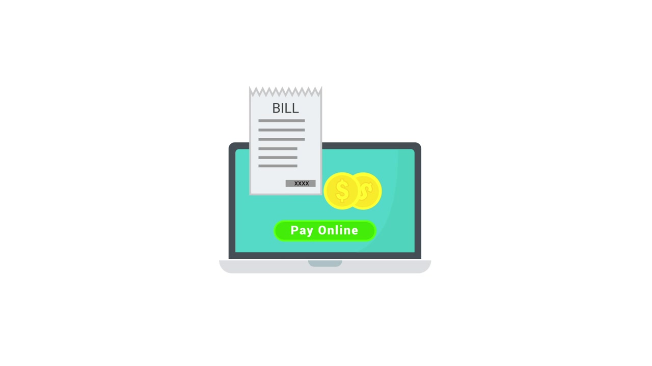 Illustrazione Animata del Pagamento di Bollette Online su un Laptop