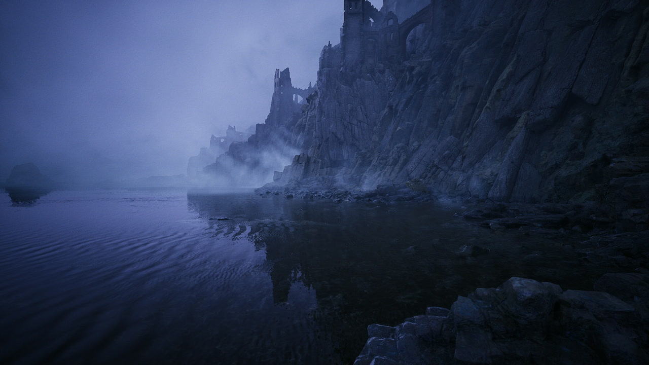 Silent water mirrors reflecting jagged rocks and gentle blue hue