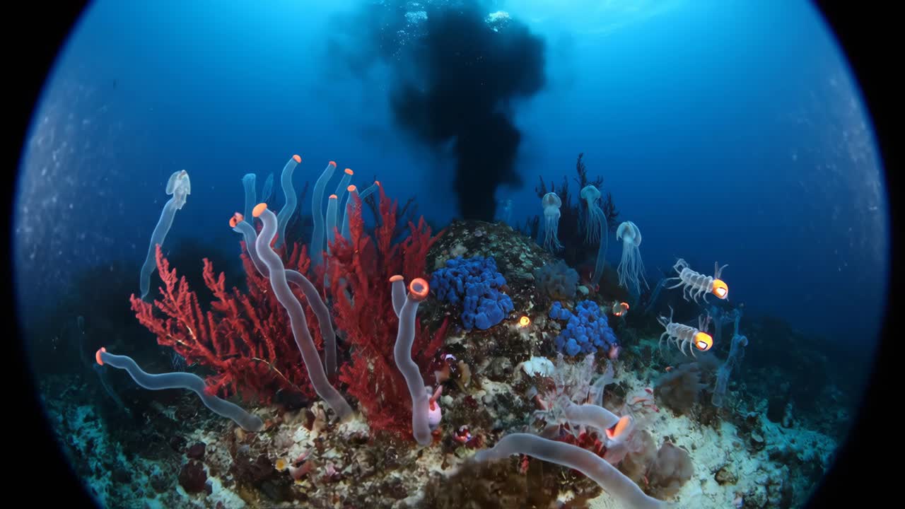 Underwater scene with coral, jellyfish and marine life