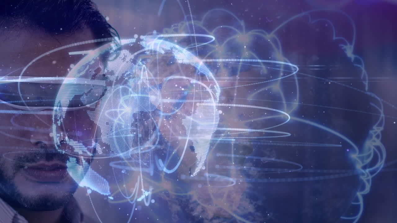 animación de la red de conexiones y el globo sobre el hombre de negocios que usa auriculares vr