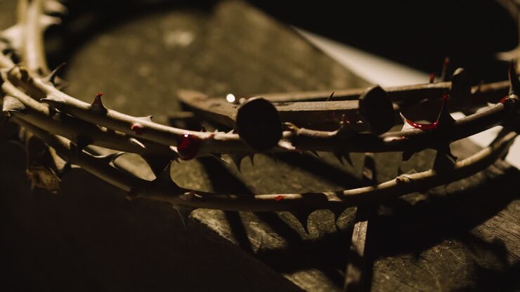 Religious Concept Shot With Droplets Of Blood On Crown Of Thorns With Wooden Cross And Nails