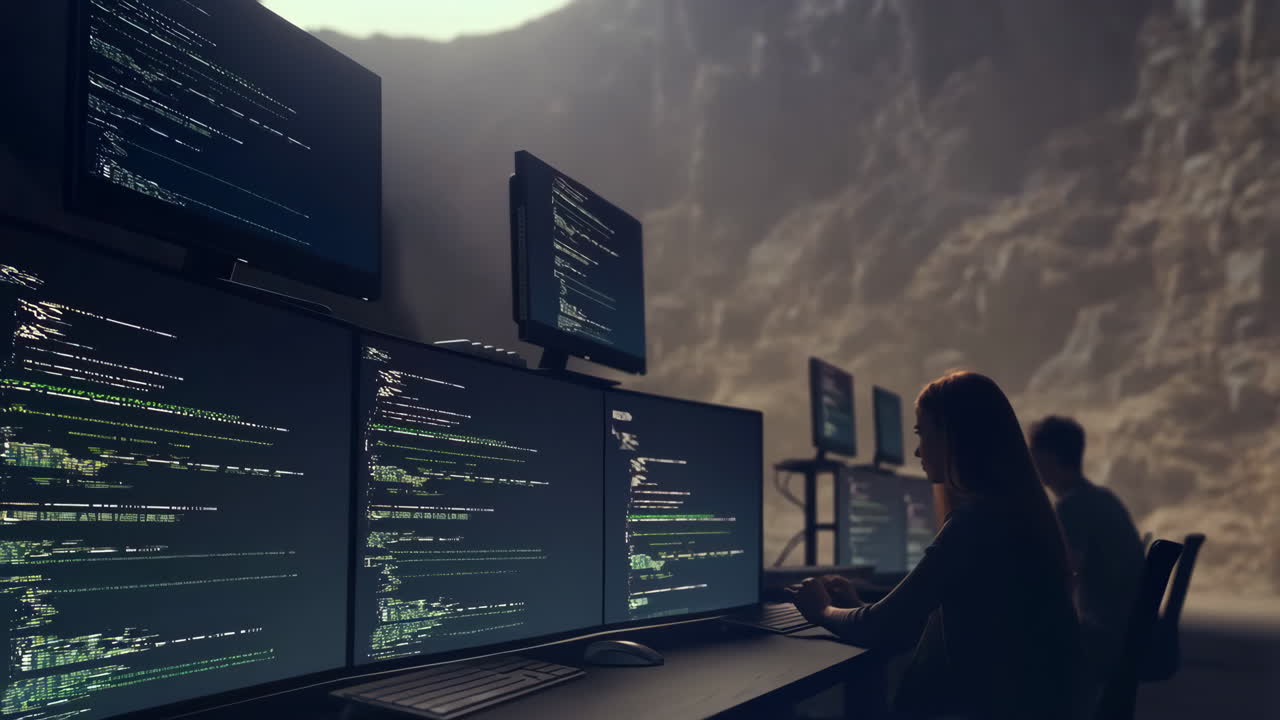 Two people working intensely on multiple computer screens displaying code in a dim, cave-like environment