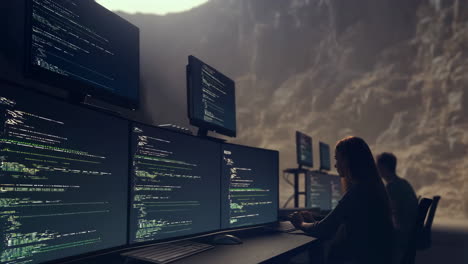 two people working intensely on multiple computer screens displaying code in a dim, cave-like environment