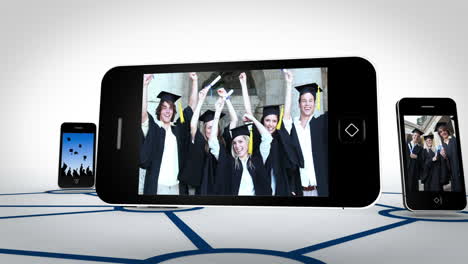 videos de estudiantes graduados en las pantallas de los teléfonos inteligentes