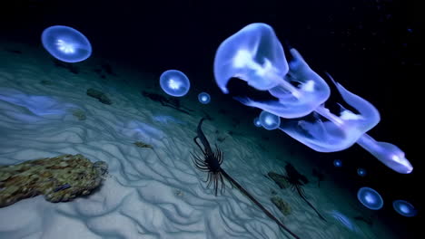 glowing jellyfish in the deep sea