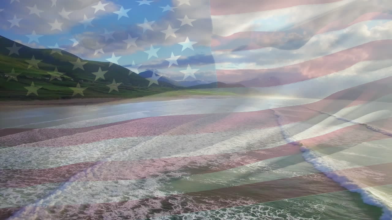 composición digital de agitarnos la bandera contra la vista aérea de la playa y las olas del mar