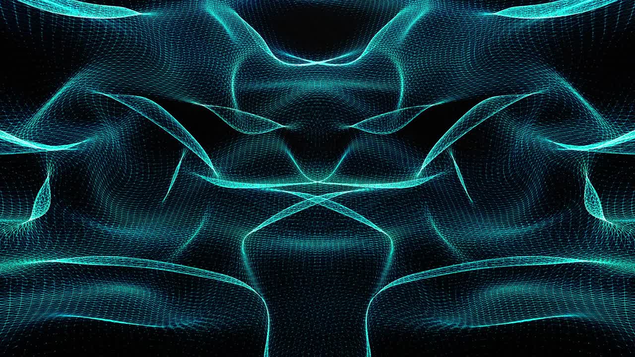 Seamless neon blue green light glowing waves. 4K 3D seamless looping abstract mesh wave of particles. Futuristic neon glowing surface. Abstract minimalist motion Loopable technology background.