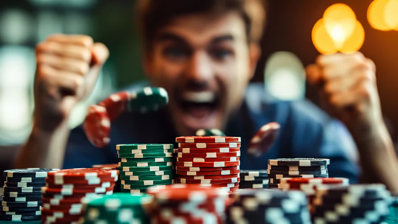 Poker table excitement peaks!. A player celebrates winning hands at a lively poker game surrounded by colorful chips and enthusiastic energy