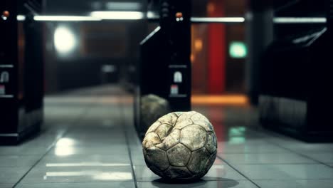 old soccer ball in empty subway