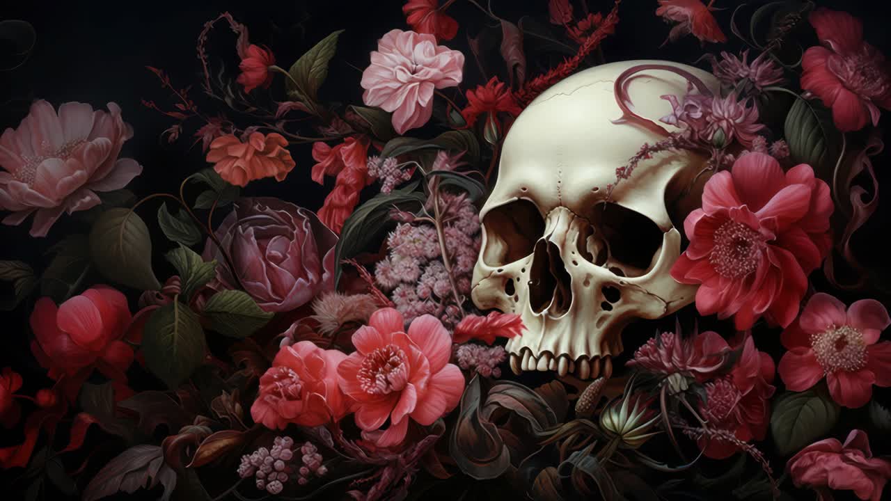 Aerial view of a skull surrounded by vibrant flowers. Dark, moody style creates a dramatic, gothic