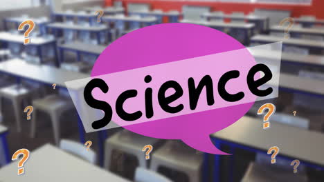 animation of science text with question marks over empty classroom