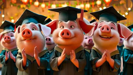 a group of three little pigs wearing graduation hats and gowns