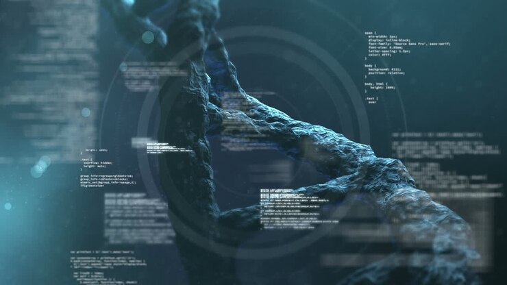 Animation of data processing and dna strand over scope scanning