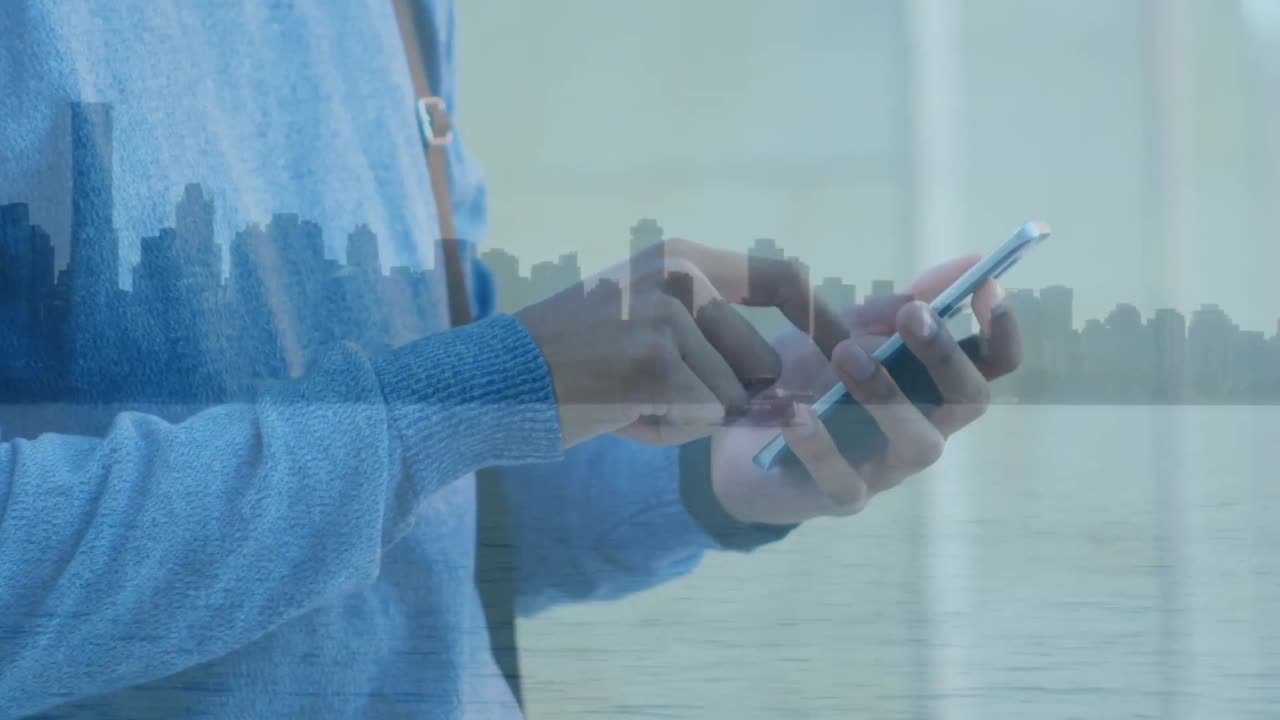 도시 풍경 위에서 스마트폰을 사용하는 사람의 애니메이션