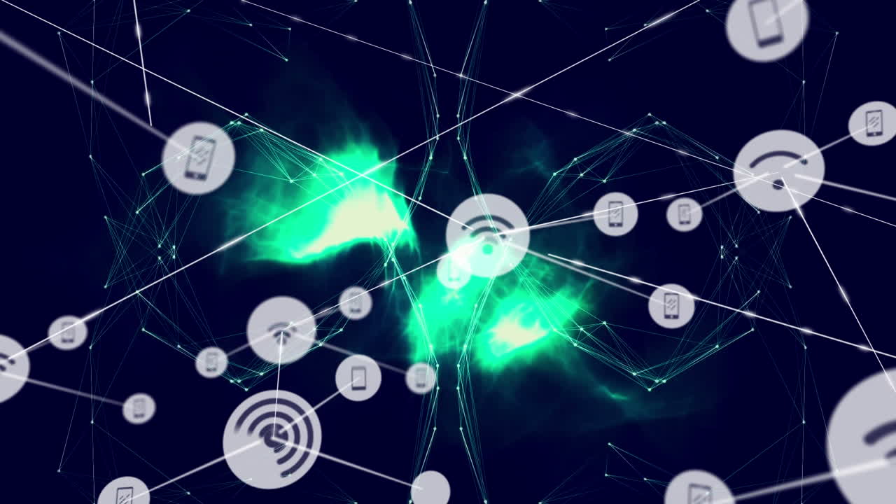Animation of network of connections with icons over glowing spots