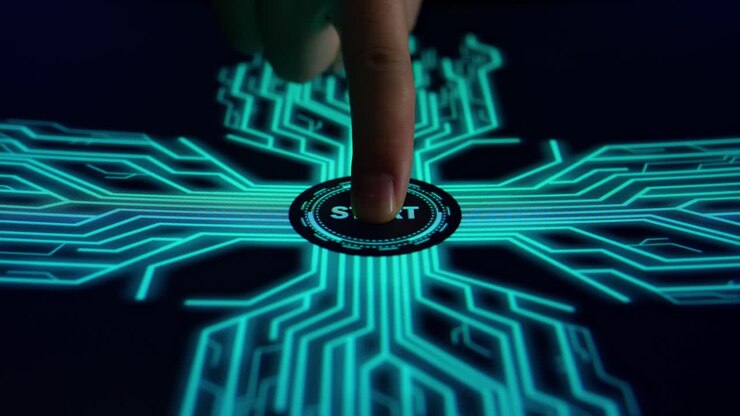 Human Finger Pushes Touch Digital Start Button With Futuristic Artificial Intelligence Spreading Through Internet. Visualization Of Machine Learning, Computer Technology, Neural Network