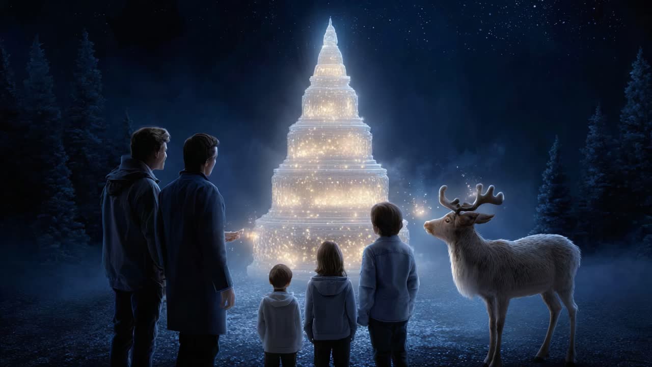 A Magical Winter Scene: A Family Stands in Awe of a Shimmering Lighted Christmas Tree with a Deer in a Mystical Forest Under the Night Sky