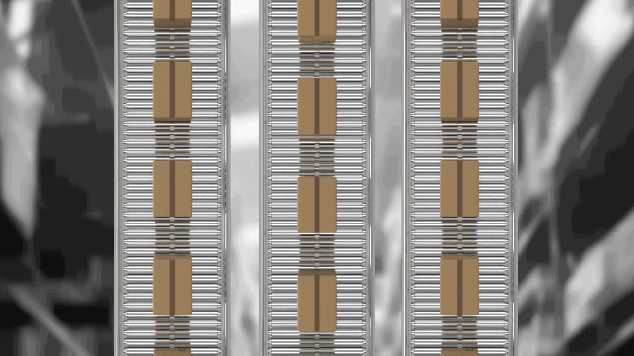 animación de cajas de cartón que se mueven en cintas transportadoras sobre el almacén