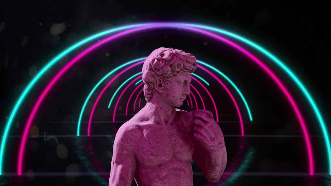 Animazione di scultura grigia di uomo su tunnel al neon