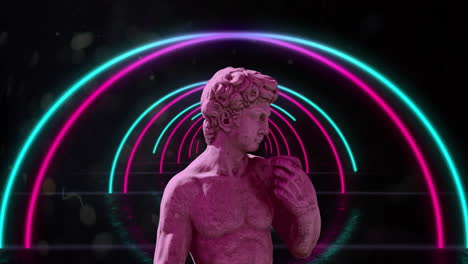 animación de la escultura gris de un hombre sobre un túnel de neón