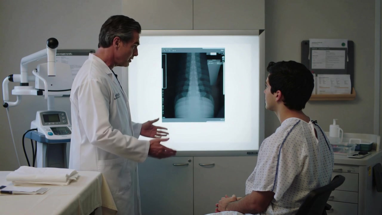 Pointing physician in lab coat touching spinal X-ray explaining to patient in gown in exam room