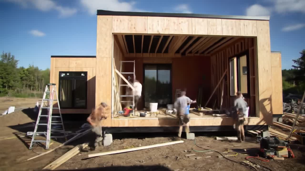 Builders are actively working on a contemporary home design in a rural area. The structure is taking shape with wooden walls, scaffolding, and various tools scattered around the construction site.